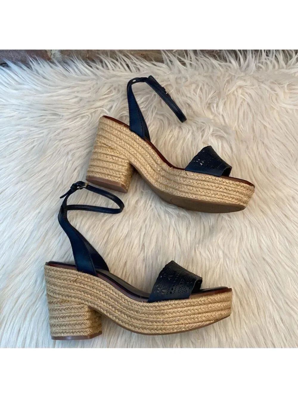 Tory Burch Roselle Navy Laser Cut Leather Platform Espadrille Sandals, Size 10.5
